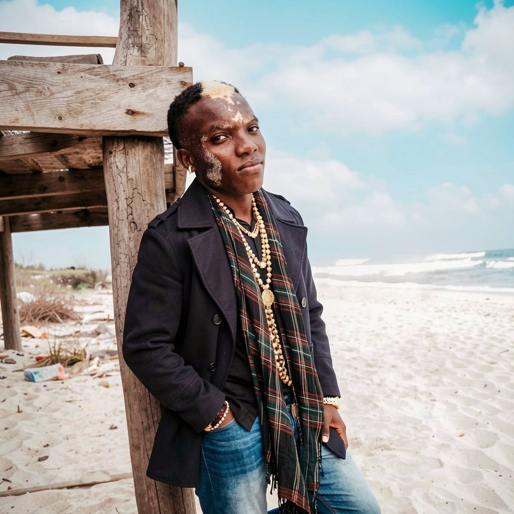 A man in a navy coat, plaid scarf and gold chains leaning on a wooden post on a beach