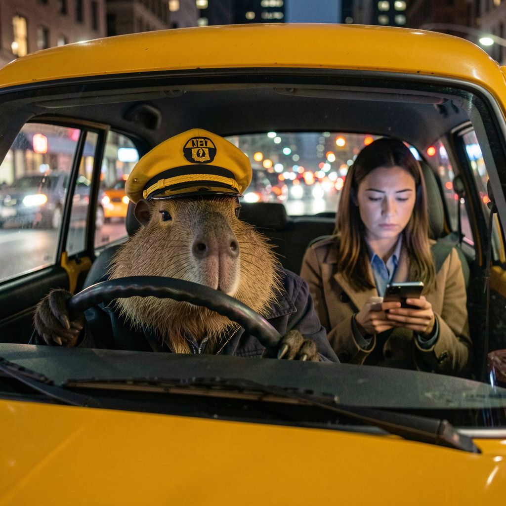 A capybara in a captain's cap driving a yellow cab at night, a passenger on her phone beside it