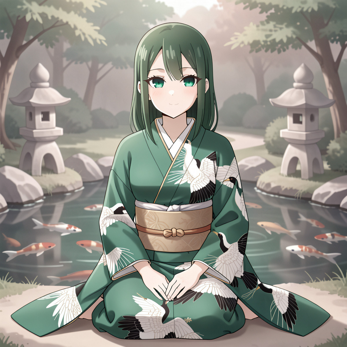 An anime girl in a green kimono with cranes, kneeling by a koi pond