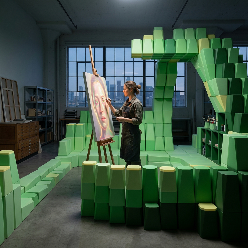 A painter at an easel in a studio built from green foam blocks
